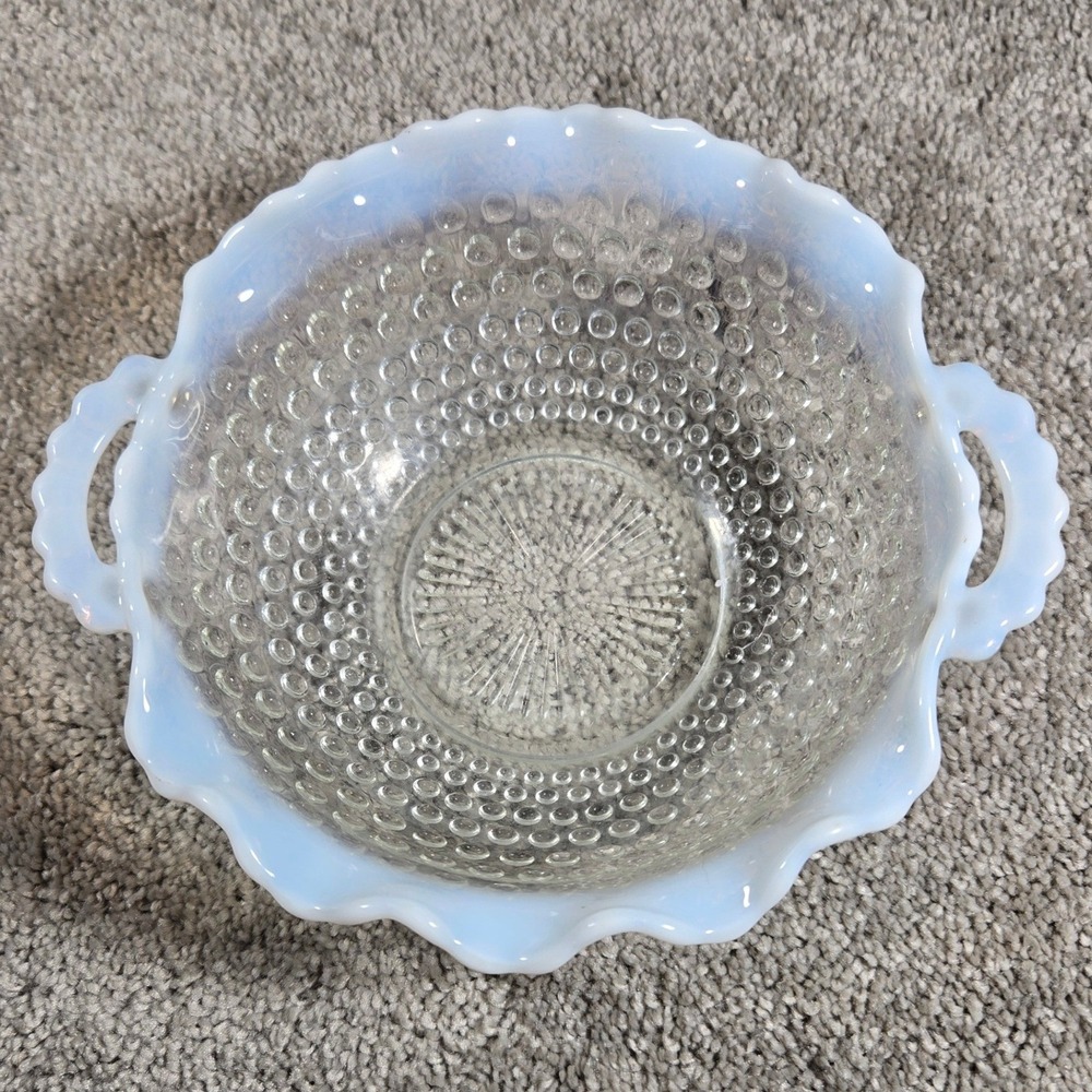 Anchor Hocking Hobnail Bowl White Opalescent Ruffled Edge Clear Glass Vintage